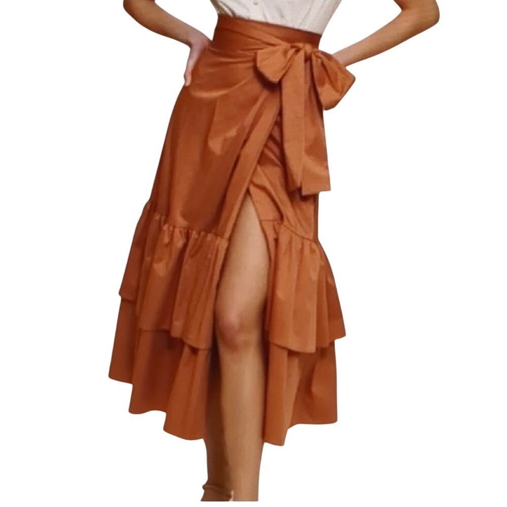Hutch Anthropologie‎ Tiered Maxi Skirt Size 8 Copper Faux Wrap Belted Back Zip